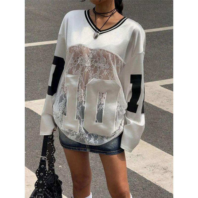 

Street Gyaru Style Fashion Lace Stitching Contrast Color round Neck Pullover Hoodie Loose Perspective Design Sense Sports Top White L