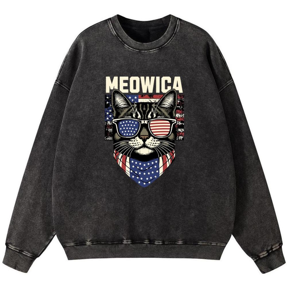 Cat Wearing American Glasses Women'S Vintage Washed Cotton Sweatshirt Thin style Simple Oversize Hoodie Street Casual
