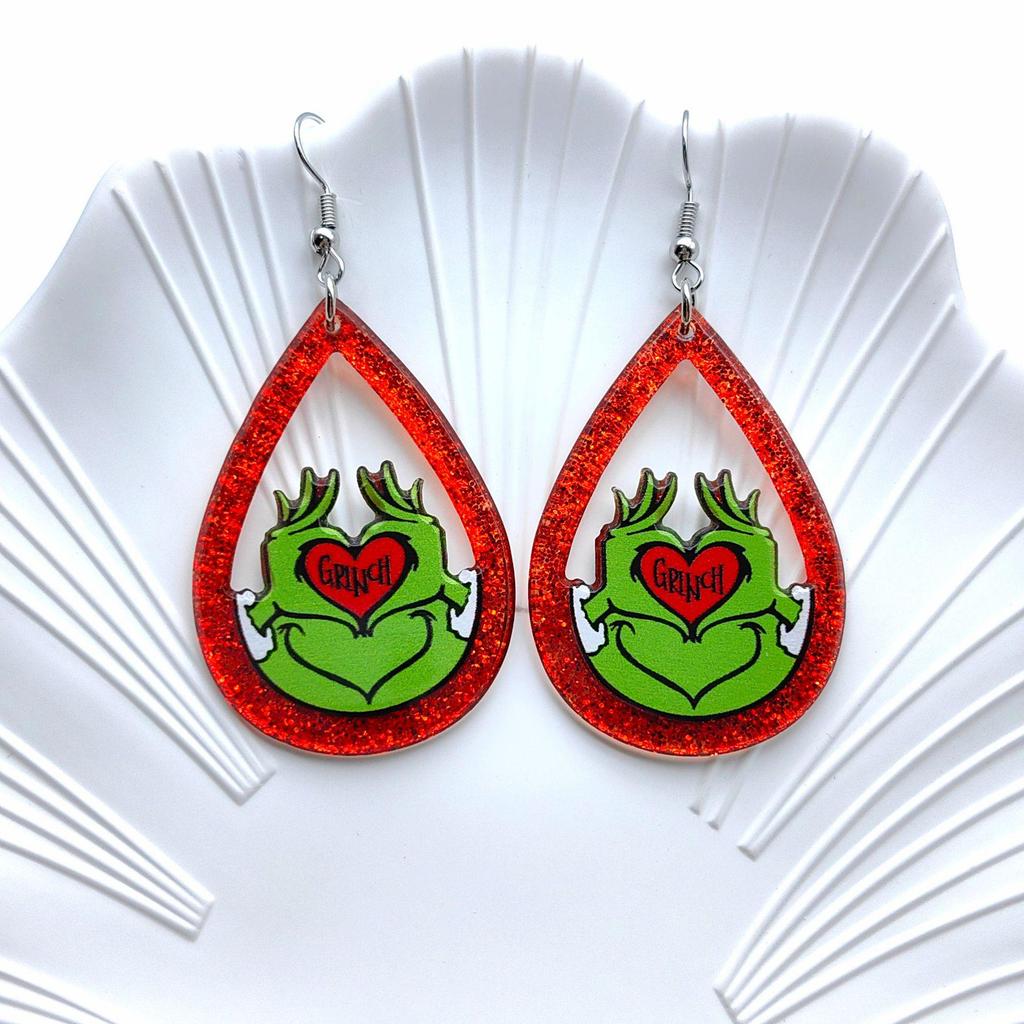 Grinch Green Monster Acrylic Earrings with Love Heart Accents