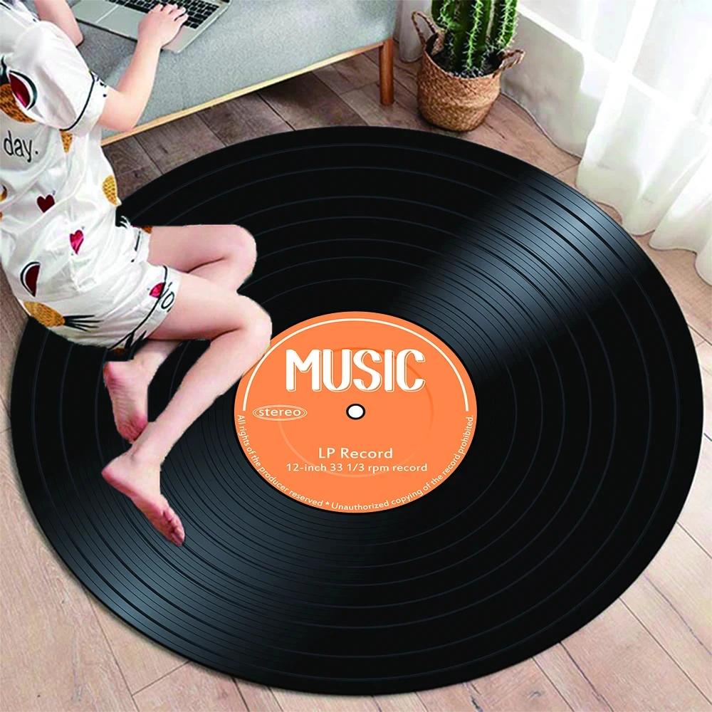Runder Teppich mit klassischer Musik-Schallplatte, Teppiche für die Dekoration von Wohnzimmerstühlen, weiche, rutschfeste Bodenmatte zum Spielen für Kinder