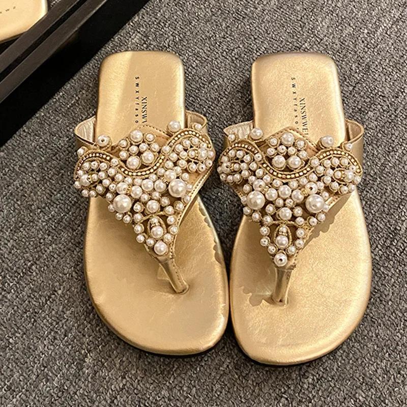 

Fashion Flats Women Clip Toe Slippers Casual Cozy Shoes String Bead Dress Shoes Woman Walking Sandals 2025 Summer Trend Female Zapatos 40 золотой