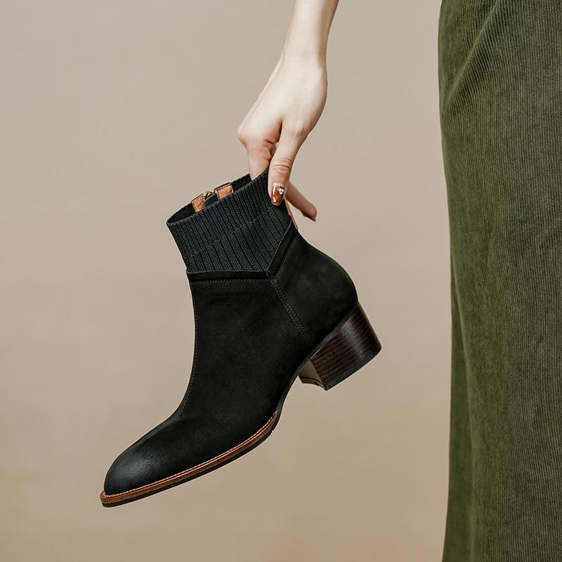 NEW Fall/Winter Women Shoes Pointed Toe Chunky Heel Boots Genuine Leather Black Boots for Women Fashion Hight Heel Modern Boots