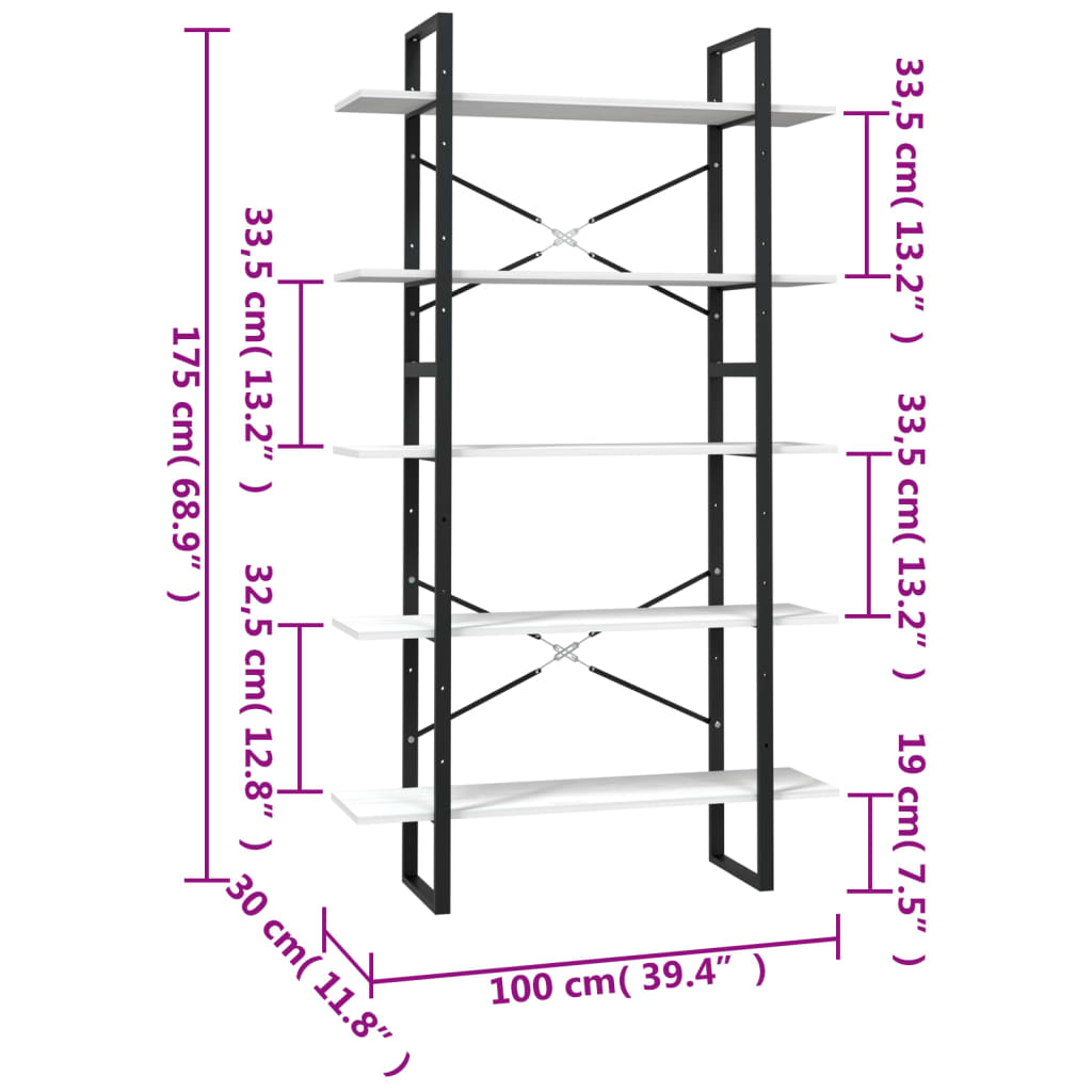 Vidaxl 5-Tier Bookshelf, White, 100X30X175 Cm, Pine