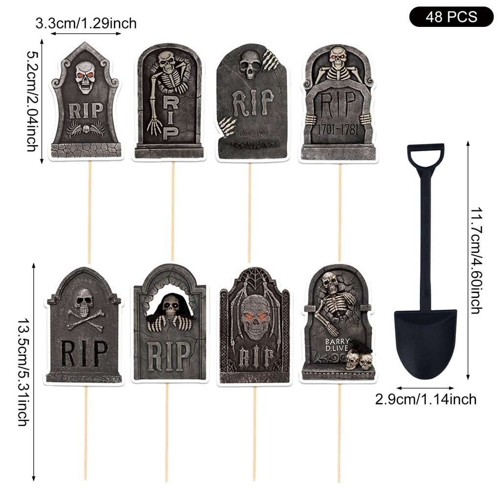 48Pcs Halloween Cake Toppers Tombstone Decorations Set for Halloween Party Spooky Cupcake Cookies Decorations