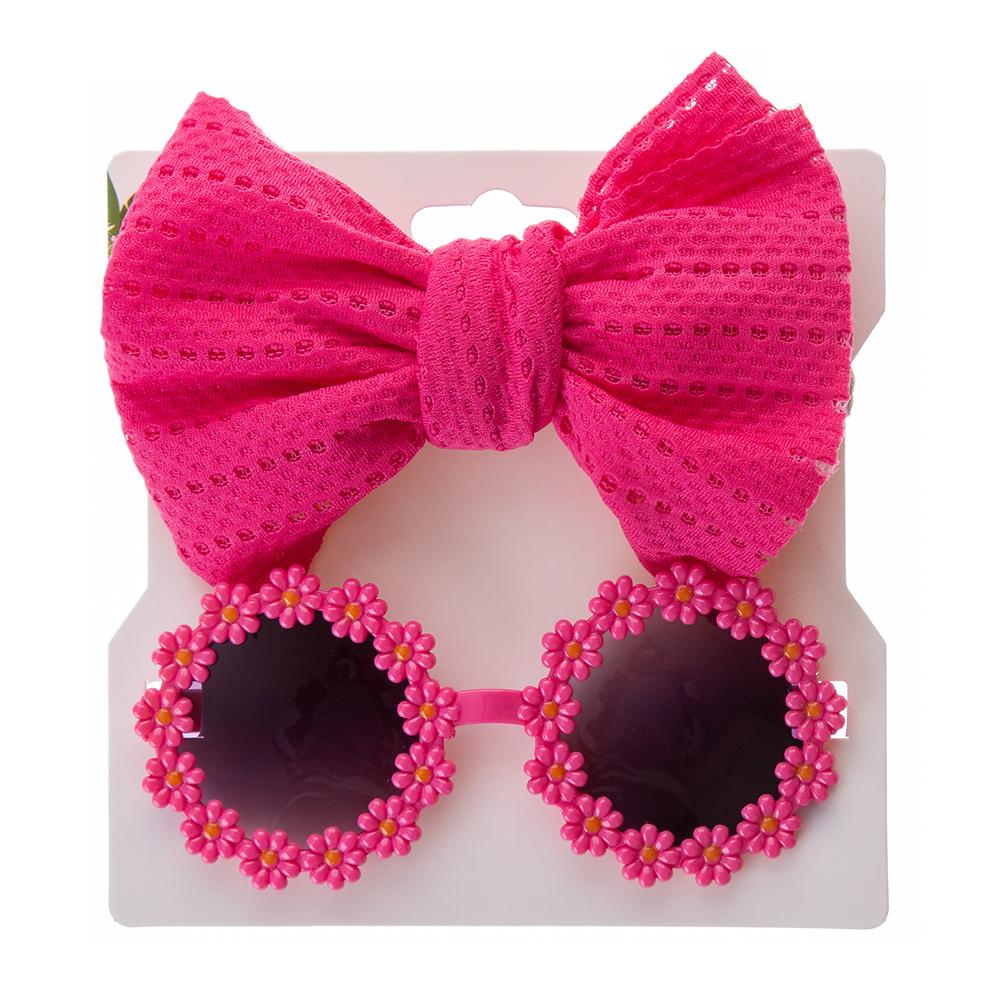 2Pcs/Card Daisy Baby Sunglasses Eyelet Bow Headband Set Elastic Nylon Hair Bands Seaside Sun Glasses Kids Headwear