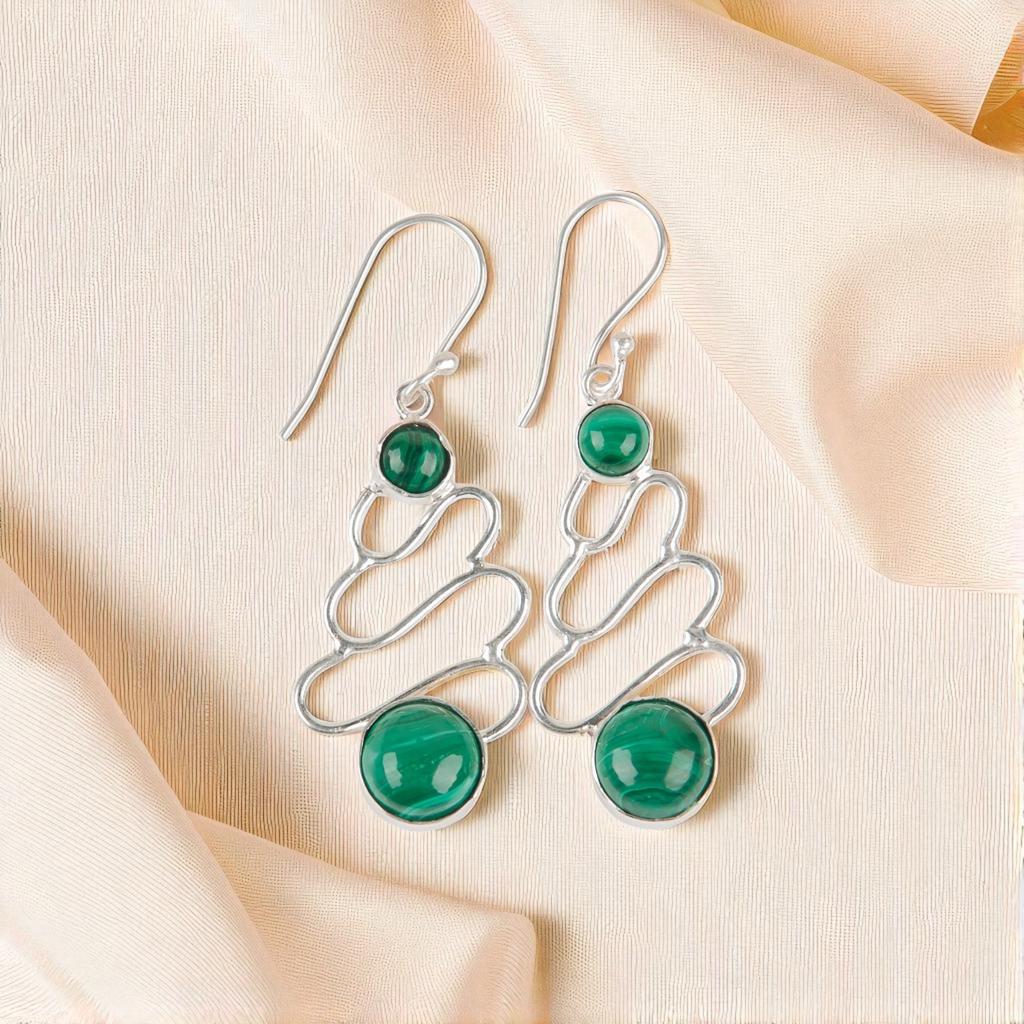 Rare Malachite Gemstone 925 Sterling Silver Jewelry Handmade Hook Earrings 2.13" EE-84-21