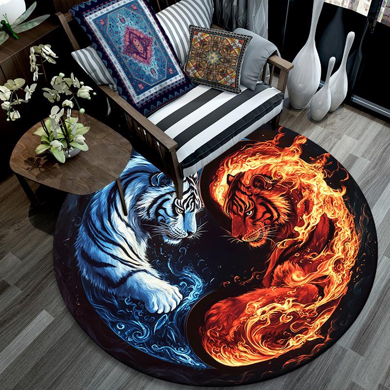 Yin Yang Tiger Round Area Rug,Carpet Rug for Living Room Bedroom Sofa Playroom Decor,Non-slip Floor Mat