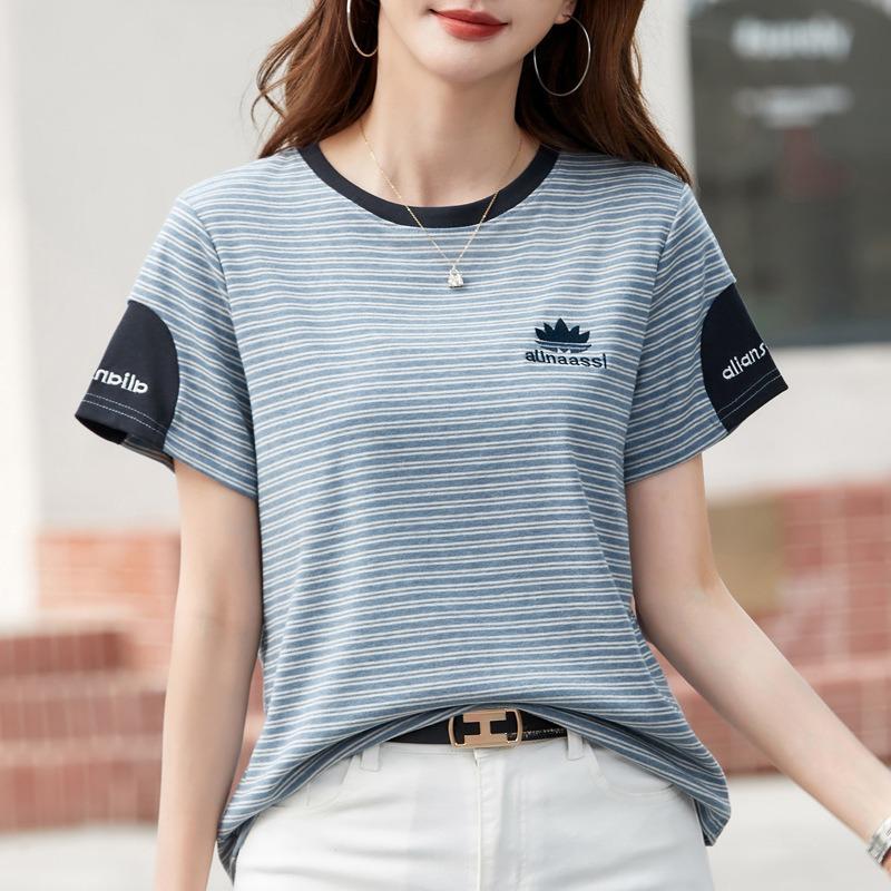 Women's Summer New Stripe Loose Casual Round Neck with Foreign Style Short Sleeved Top
