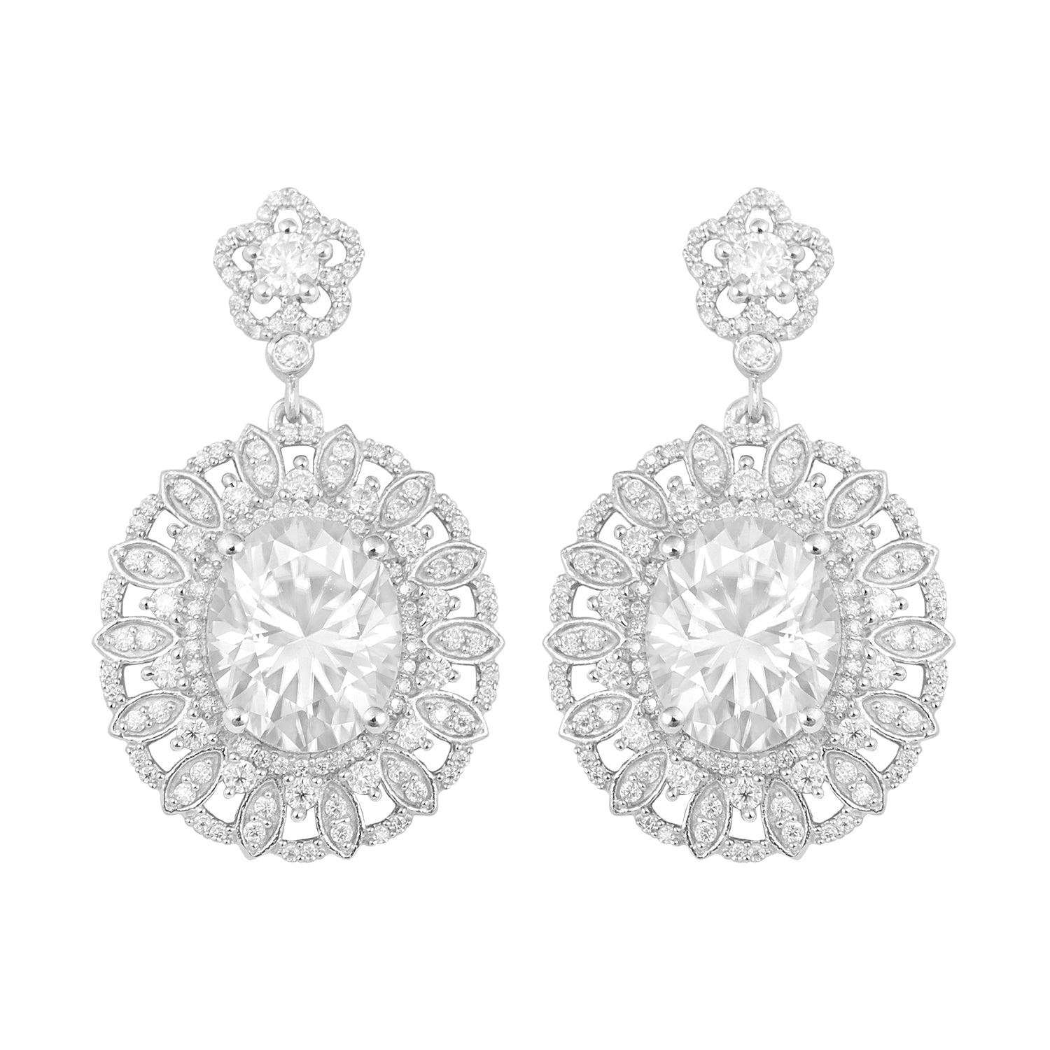 

Moissanite Floral Halo Drop Earring - Sterling Silver білий