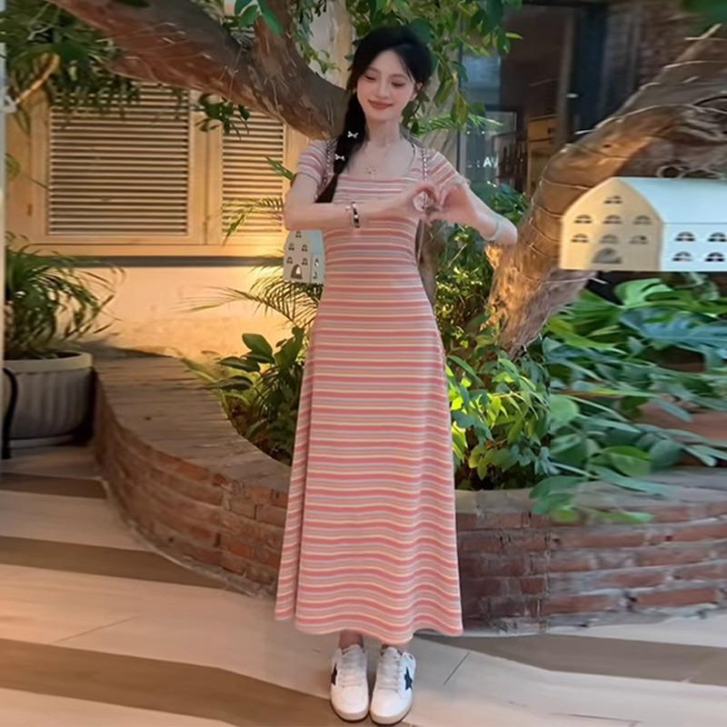 Plus Size French Striped Summer Dress with Waist-Cinching Slimming Design