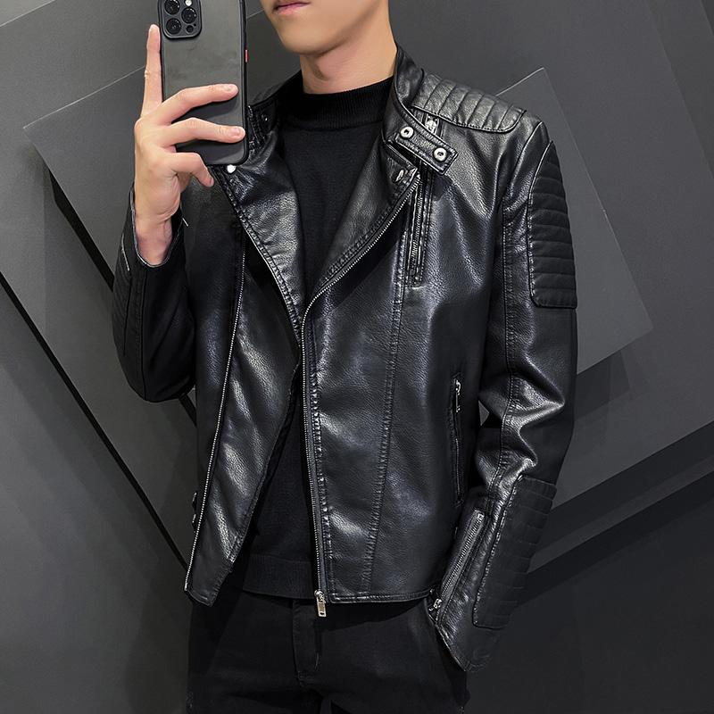 New Casual Motorcycle Windbreaker Zip Stand Collar Faux Leather Jacket Men Slim High Quality Fashion Men's Coat Streetwear