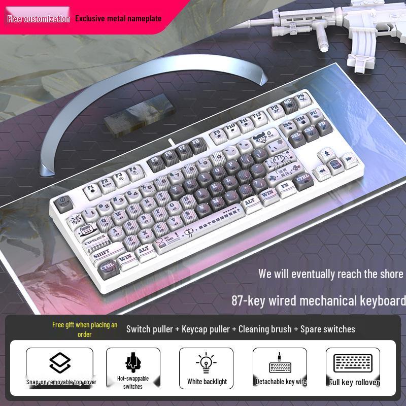 Moa Theme 87-Key Wired Mechanical Gaming Keyboard – Cute PBT Design for Office or E-sports