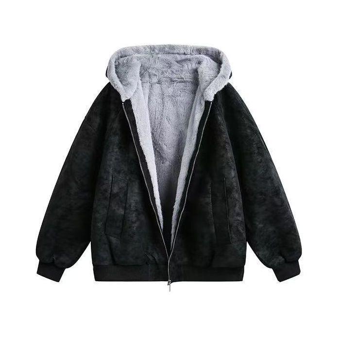 Unisex American-Style Hooded Fleece-Lined Winter Cotton Jacket with Faux Fur Trim