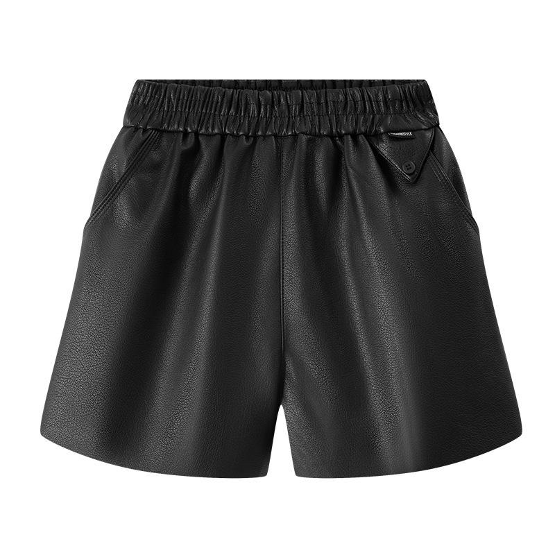 2026 Autumn/Winter Women's High Waist A-line PU Leather Shorts with Elastic Waist and Slimming Wide Leg Design