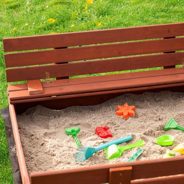 Bac à sable en bois - Springos® - 140 x 140 cm - Avec bancs - Bâche de protection incluse - Imprégnation à l'eau