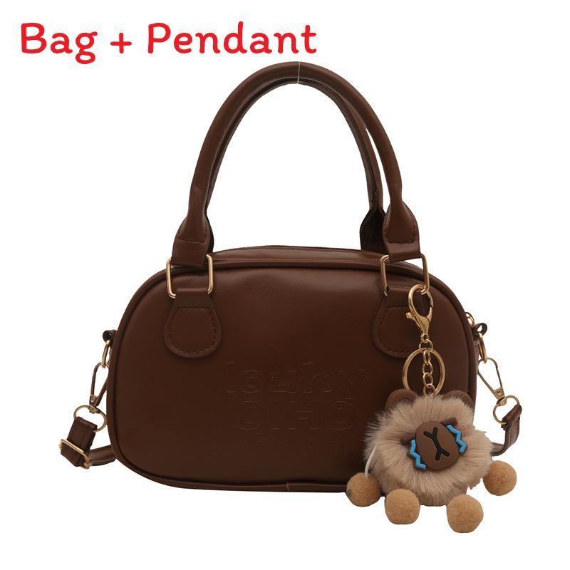 

Street Style Retro Bowling Bag For Women With Pu Material And Zipper Closure DarkBrownwithPendant