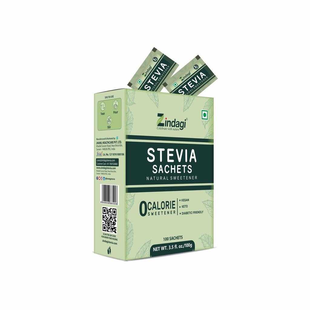 Zindagi Stevia-Beutel | Natürlich zuckerfrei | Süßstoff für Diabetiker geeignet | 100 Beutel