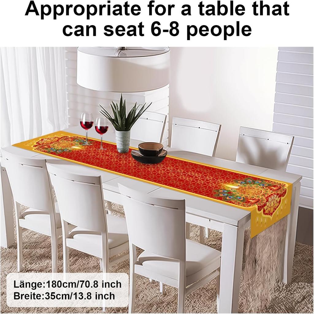 Diwali Table Runner,Red Gold Diwali Table Decoration India Deepawali Festival Table Runner Holiday Kitchen Dining Table Decoration for Home Party