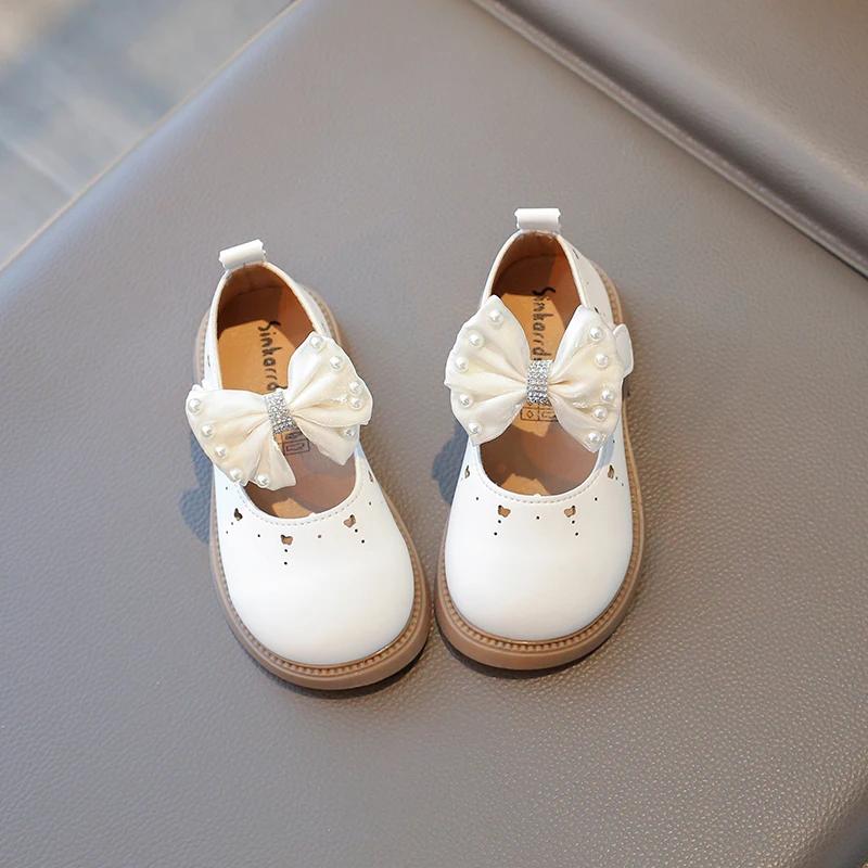 Little Girls Party Dress Shoes for Wedding Princess Sweet Kids Mary Janes Flats Cut-outs with Bow-knot Rhinestone Leather Shoes