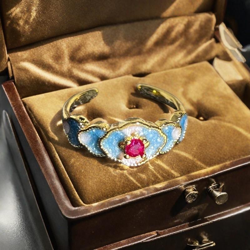 Medieval Enamel Dripping Oil Imitation Amber Eye Stone Open Ring Light Luxury High-End French Retro Niche Ring Woman