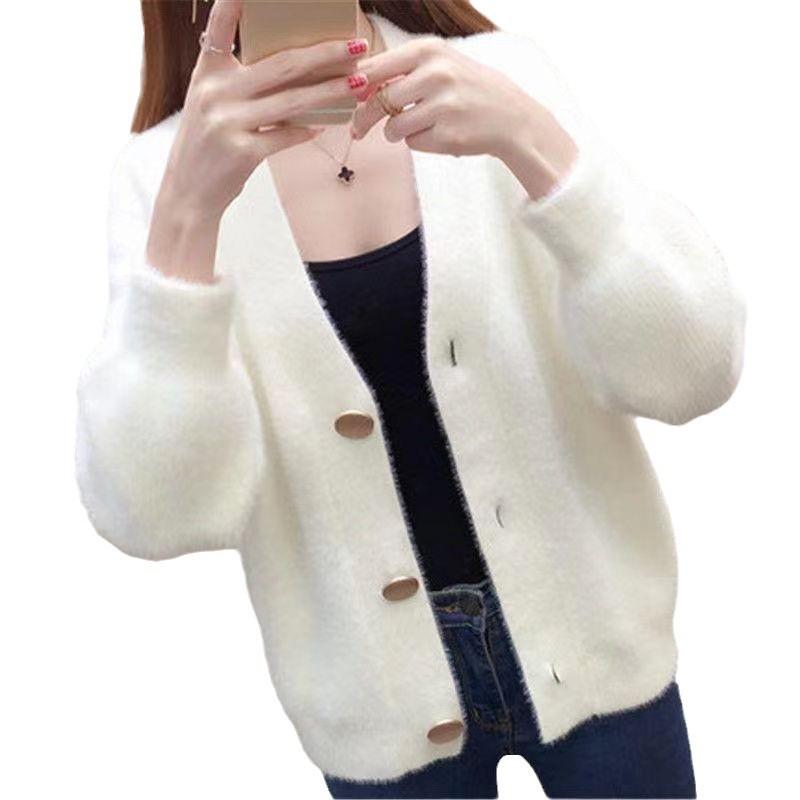Women's Faux Mink Fleece V-neck Cardigan – Versatile Autumn & Winter Fashion