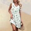 Women's Summer V-neck Casual Beach Vacation Style Vintage Floral Print Sleeveless Splicing Dresses