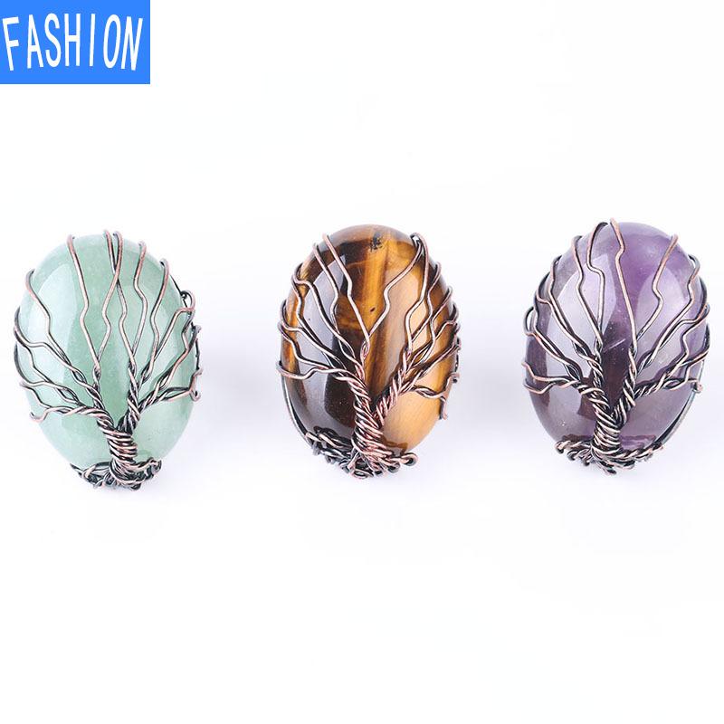 Vintage Kupfer handgefertigter Wire Wrap runder natürlicher Kristall Baum Leben verstellbarer Ring