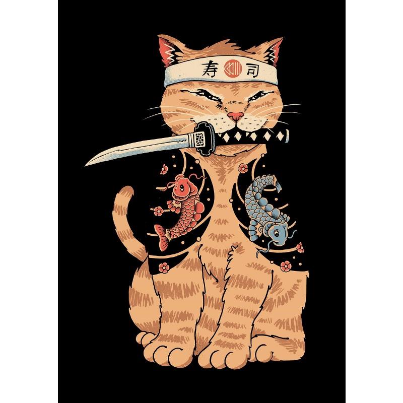 Japon Retro Tarzı Dövme Samuray Kedi Ramen Karikatür Posterleri Baskıları Tuval Boyama Duvar Sanatı Resim Oturma Odası Ev Dekorasyonu