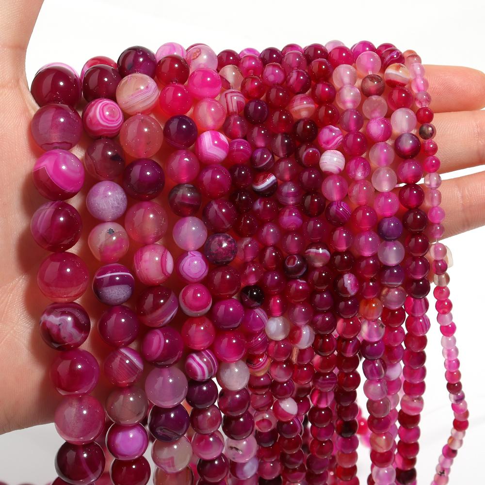 4/6/8/10/12mm Heißes Pink Natürliche Streifenachatsteinperlen Runde Edelsteinlose Perlen Für DIY Schmuckherstellung Armbänder Halskette