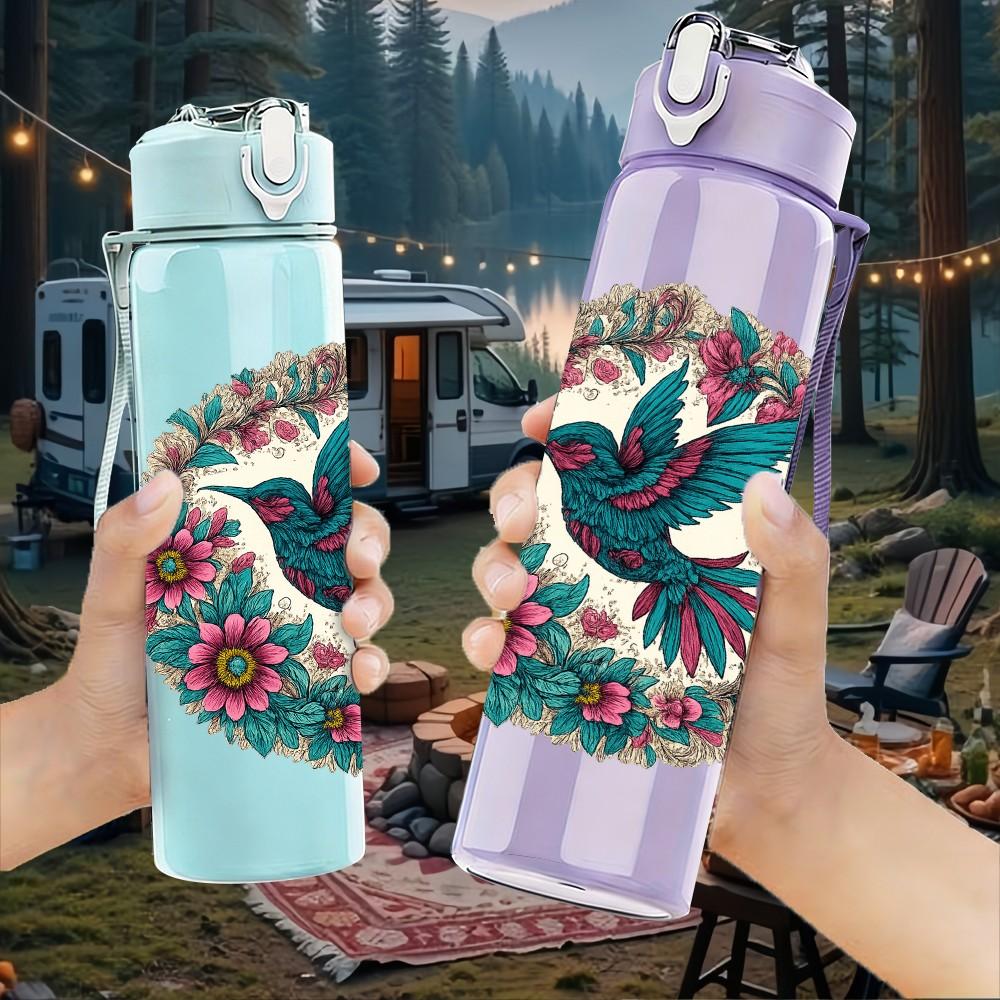 1PC Folk Bird Floral Circle 750ml Color Plastic Sports Water Bottle Leakproof Flip Straw Lid Suitable for Sports Office Home Use