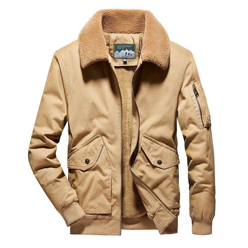 Men's Winter Fleece Lined Bomber Jacket - Thick Warm Zippered with Faux Shearling Collar and Pockets