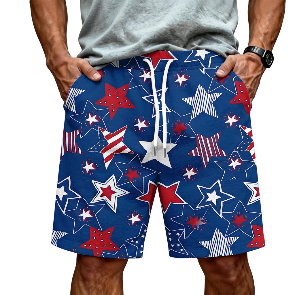 Men's Casual Drawstring Waist Shorts Lightweight Breathable Fabric Relaxed Fit Summer Beachwear with July 4th Fireworks Print
