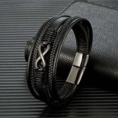 Classic Men Infinity Bracelet Woven Multilayer Braided Leather Bracelets for Women Black Stainless Steel Jewelry Gifts