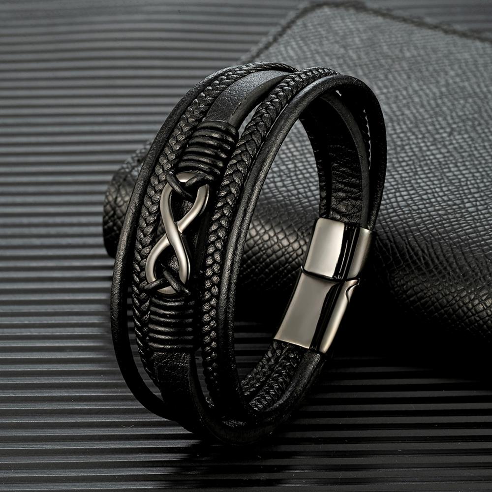 Bracciale Infinito Classico da Uomo Braccialetti Intrecciati Multistrato in Pelle per Donne Gioielli in Acciaio Inossidabile Nero Regali