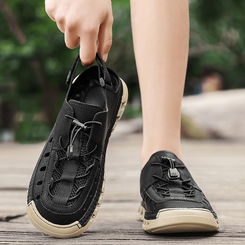 Men Sandals New Elastic Band Leather Hollow Breathable Comfortable Lightweight Summer Outdoor Beach Walking Sandals for Teen