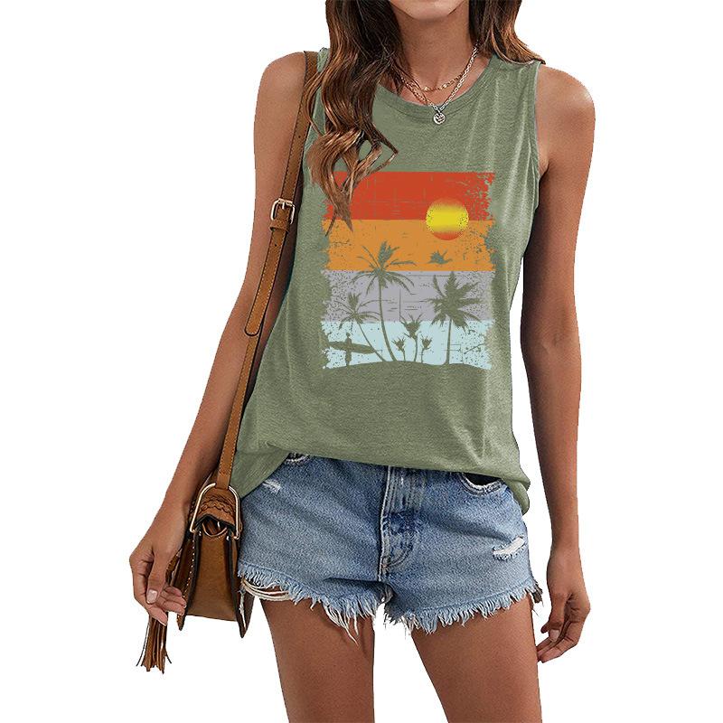 Women's Hawaii Landscape 3D Printed Sleeveless T-shirt, Y2K Street Clothing, Oversized Round Neck Tank Top, Off Shoulder, Women's Sleeveless T-shirt