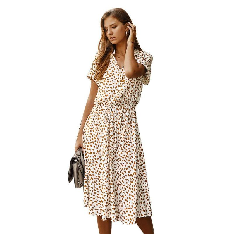Women's Button Front Drawstring High Waist Short Sleeve A Line Midi Dress