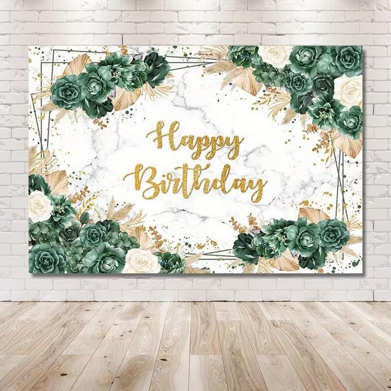 2D Marble Green Gold Birthday Photography Background, 2D Flat Printing Floral Backdrop