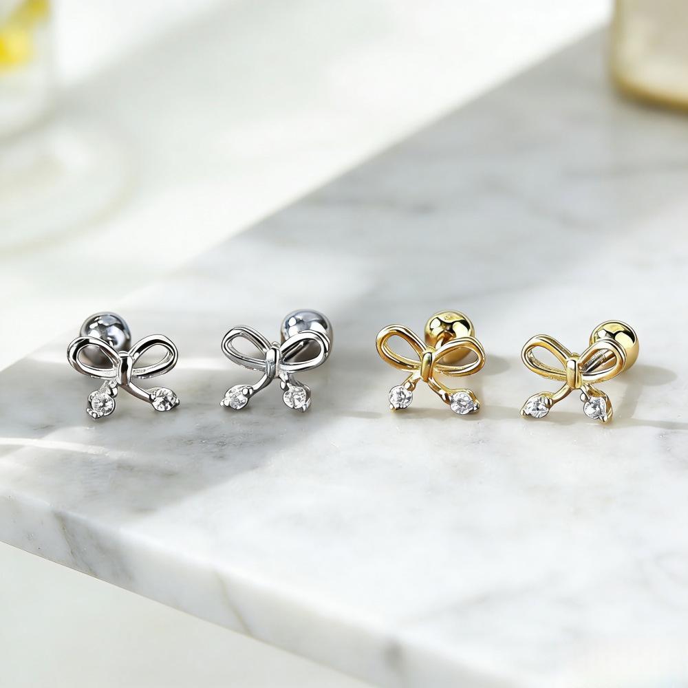 Korean Style Two-Tone Rhinestone Bow Stud Earrings for Women