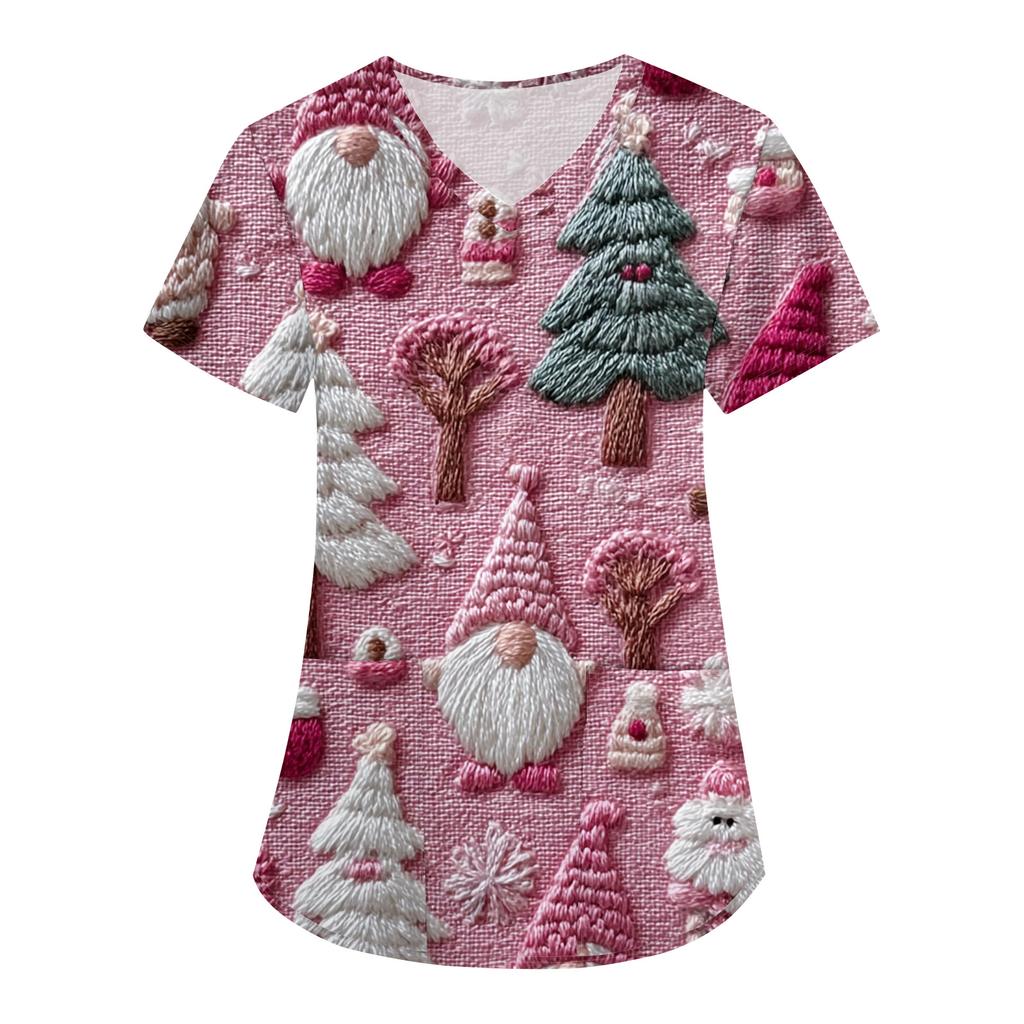 Women's Fashion V-Neck Short Sleeve Overalls With Pockets Christmas Printed Tops  Clothes