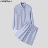 INCERUN Two Pieces Men Stand Neck Striped Long Sleeve Shirts Short Pants Casual Sets