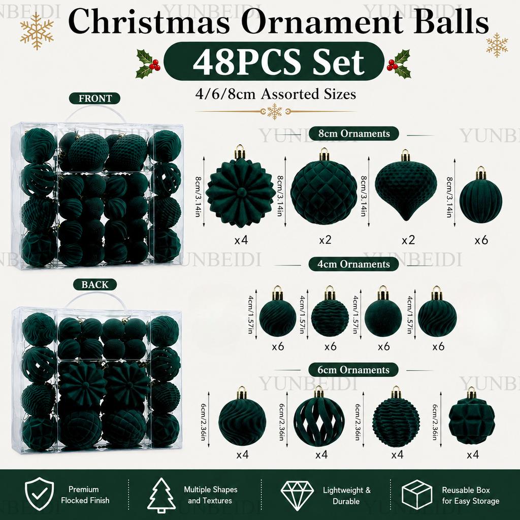 Velvet Christmas Ornament Balls Set 48PCS Plastic Flocked Baubles DIY Christmas Tree Decor Holiday Home Party Hanging Decor