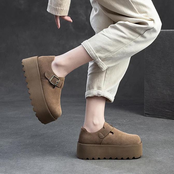 Johnature Retro Thick Soled Loafers Casual Height Increasing Versatile Women's Flat Platform Shoes