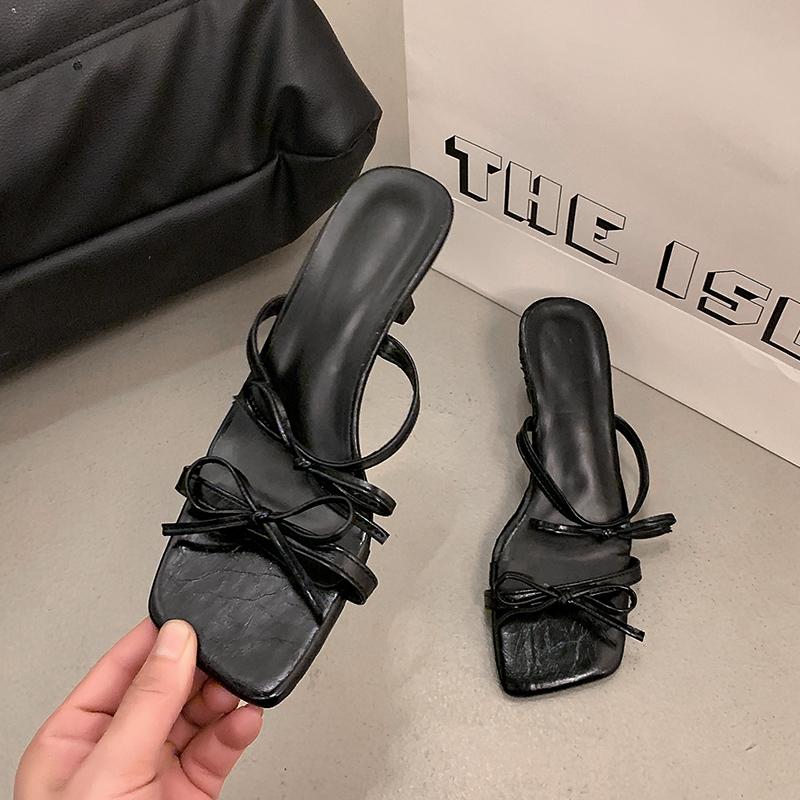 Elegante Schleife High Heels Sandalen Damen Eckige Zehenpartie Design Dünne Absätze Pantoletten Frau Mode Slip-On Partyschuhe Weiblich
