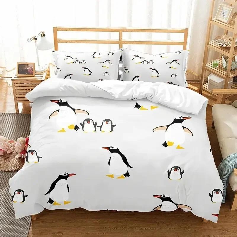 Cartoon Penguin Comfortable Duvet Quilt Cover Pillowcase Bedding Set Children Home Textile Antarctic Animal Illustration