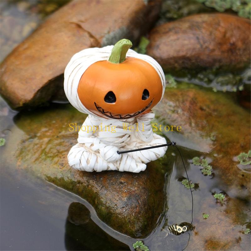 

KX4B Unique Halloweens Resin Sculpture Realistic Bandaged Mummy Pumpkin Figure Fishing Scene Home Party Decoration CN