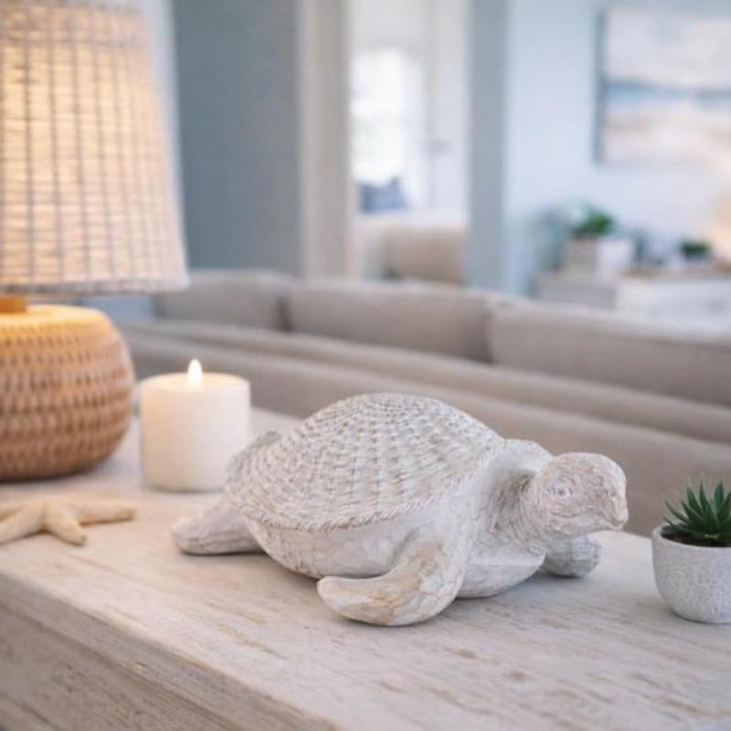 Coastal Style Resin Turtle Decorative Piece with Texture for Desktop Display. Maritime Beach Style Home Decoration Sculpture.
