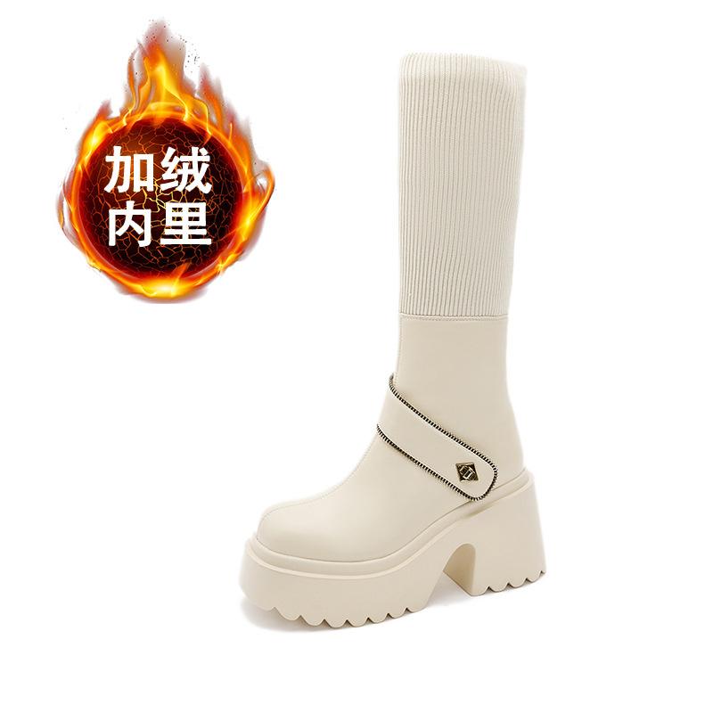 

Ботинки рыцаря на толстой подошве Женские 2025 Популярные Осенне-зимние Универсальные Эластичные Облегающие Ботинки Ботинки-носки до колена Женские Ботинки 39