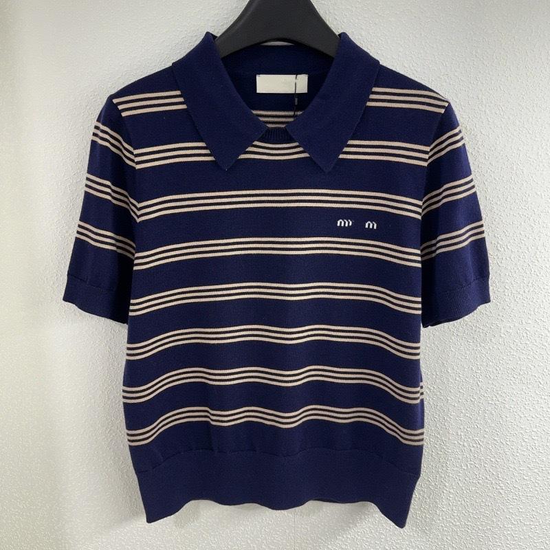 Navy blue yellow striped polo shirt knitted short-sleeved wool-blend contrasting color miumiu silk knitted lapel T S