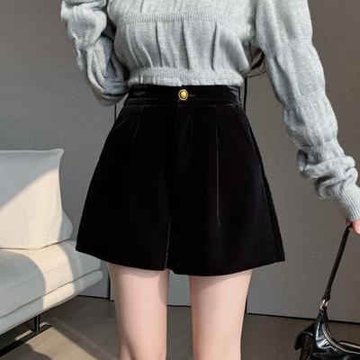 Black Gold Velvet Shorts Women's Autumn and Winter Velvet High-waisted A-word Wide-leg Pants with Boots Shorts